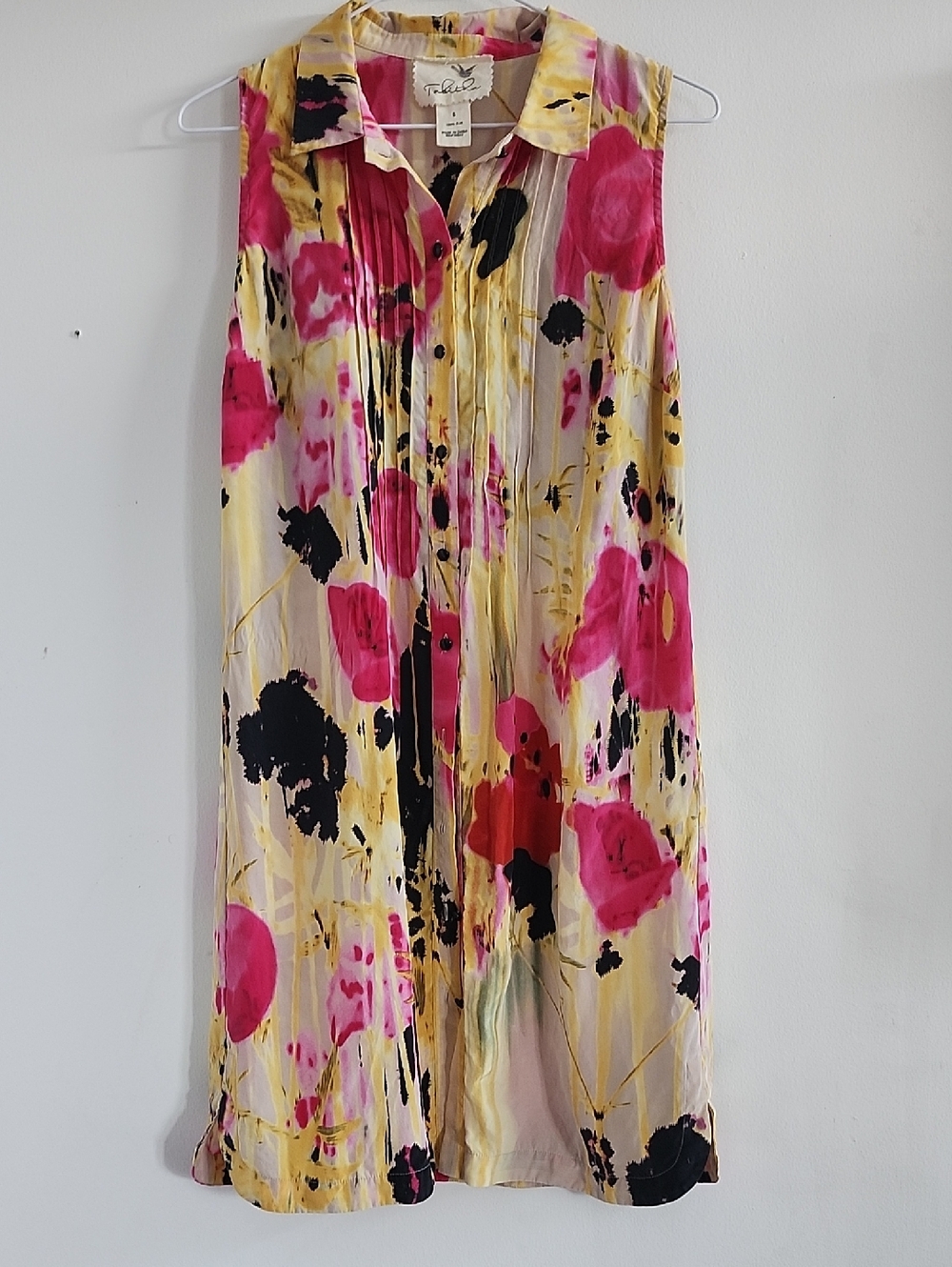 Trina Turk Tabitha Silk  Pink Yellow Black Floral Sleeveless Collar Mini Dress